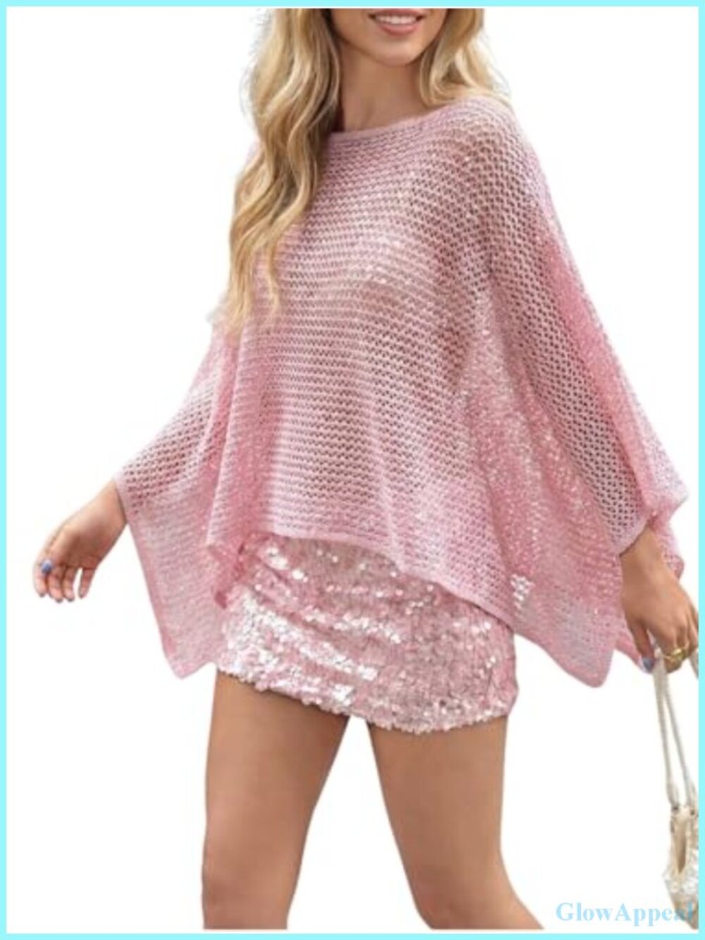 Verdusa Sheer Poncho Crochet Sequin Cover Up 3/4 Sleeve Boat Neck Loose Fit